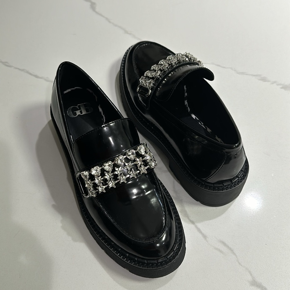 GB Rhinestone Strap Shiny Loafers